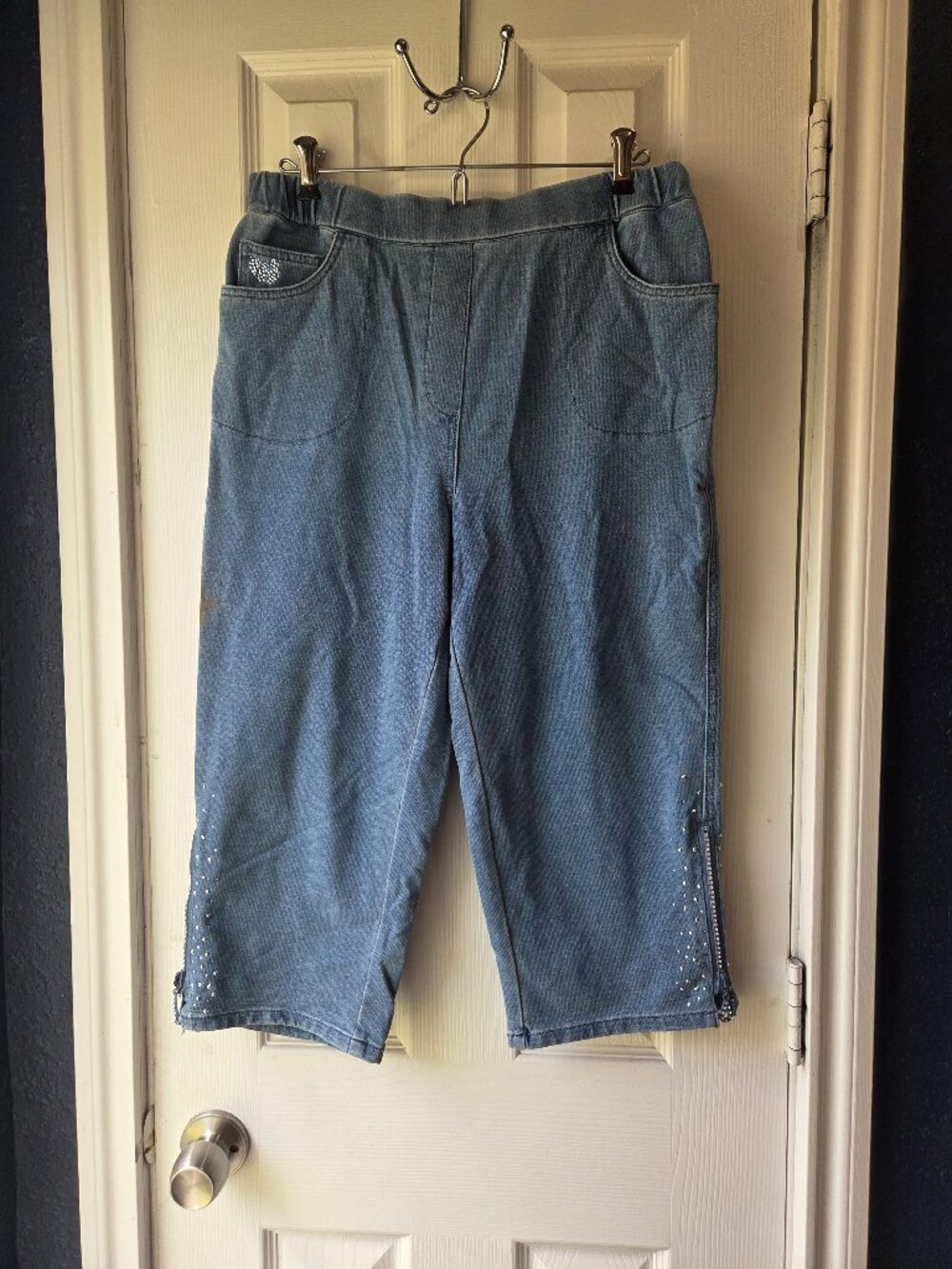 Dream Jeannes Quacker Factory Stretch Waist Knit Pocket Blue Capris Medium
